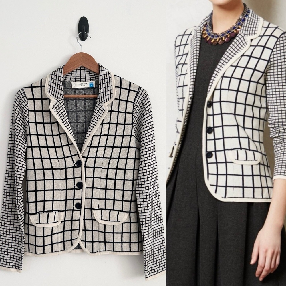Sparrow Women's Medium Navy Multi Wool Rabbit Long Sleeve Sweater Blazer NWOT